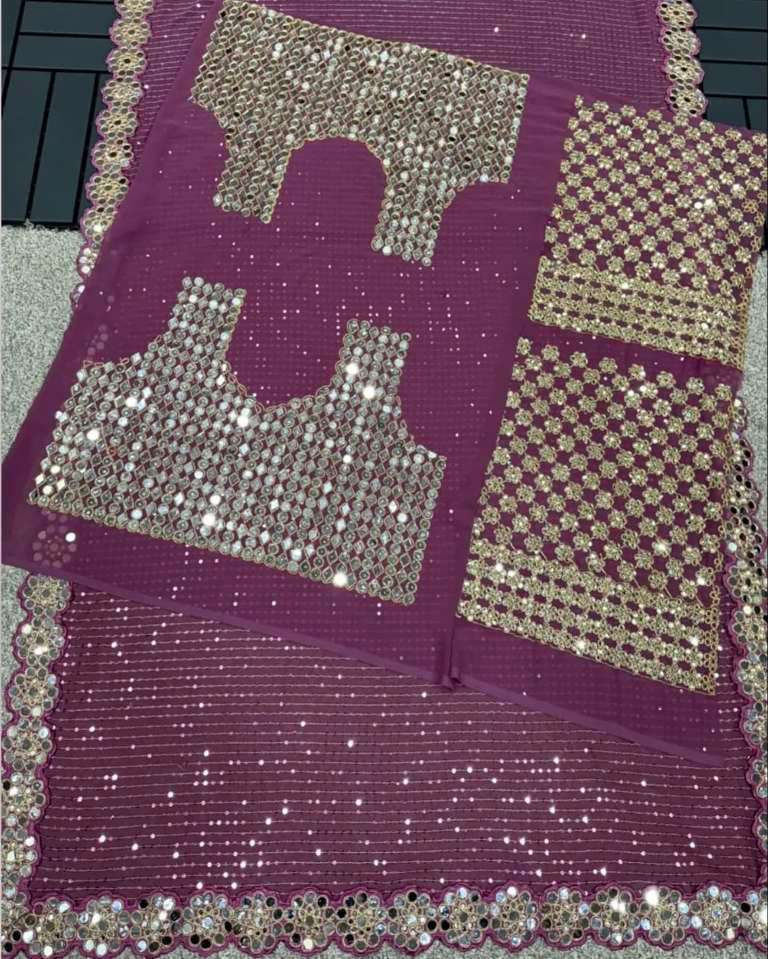 Fashionkiya Pink 25 mirror hand work sequence wedding saree sari sarees