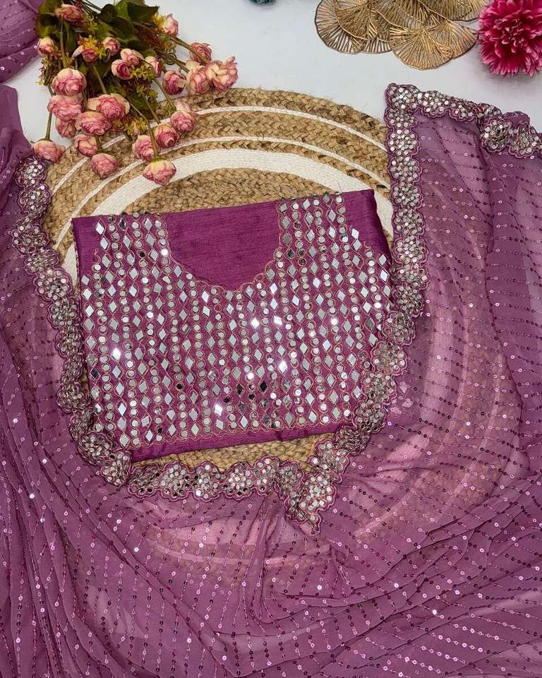 Fashionkiya Pink 25 mirror hand work sequence wedding saree sari sarees