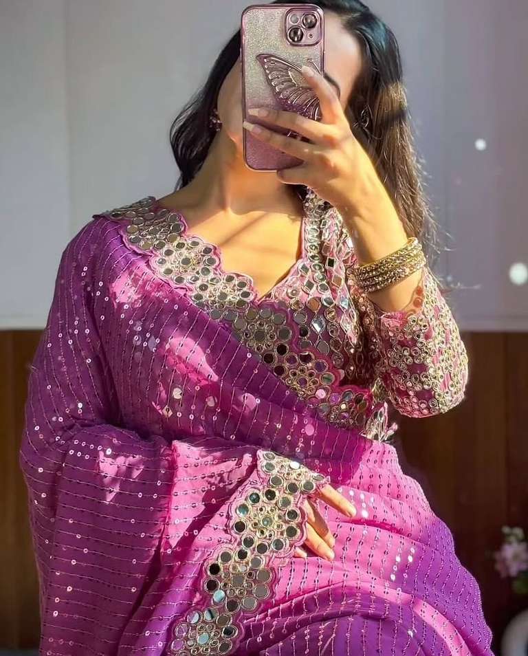 Fashionkiya Pink 25 mirror hand work sequence wedding saree sari sarees