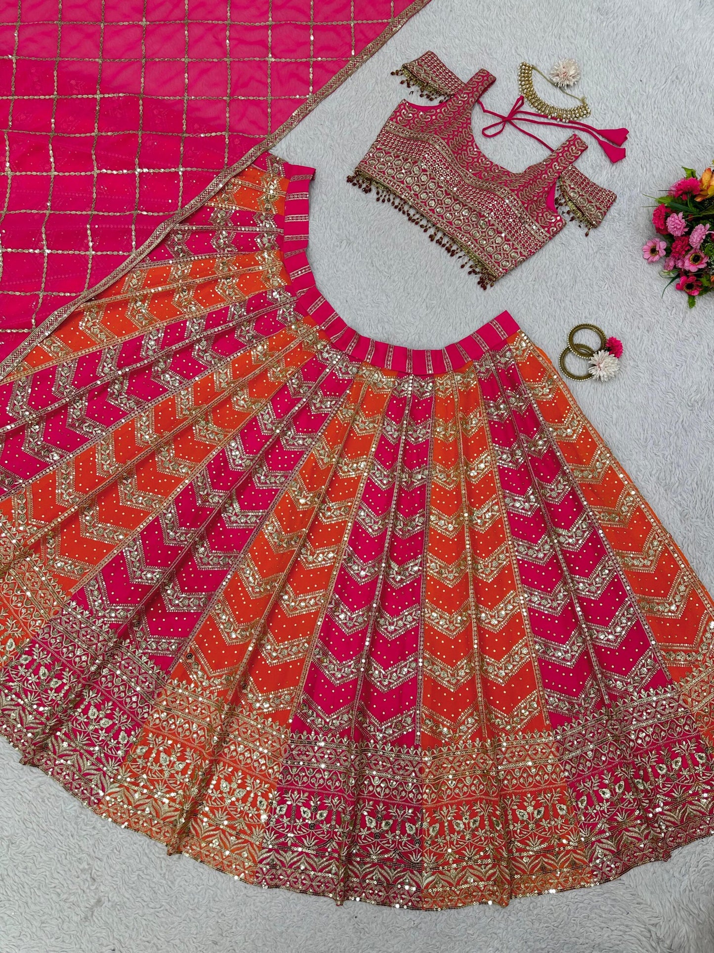 Fashionkiya Pink And Orange Faux Georgette Designer Wedding Wear Lehenga Set For Women's Or Girls