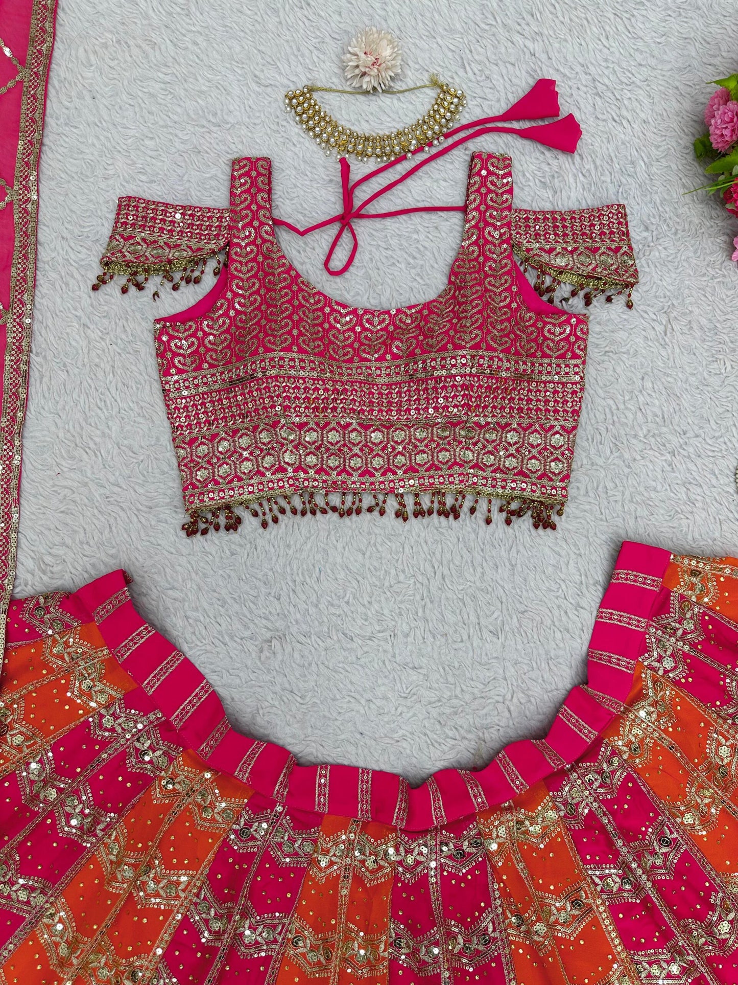 Fashionkiya Pink And Orange Faux Georgette Designer Wedding Wear Lehenga Set For Women's Or Girls
