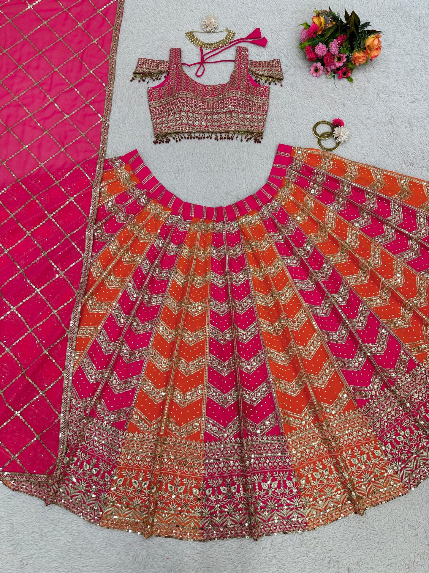 Fashionkiya Pink And Orange Faux Georgette Designer Wedding Wear Lehenga Set For Women's Or Girls