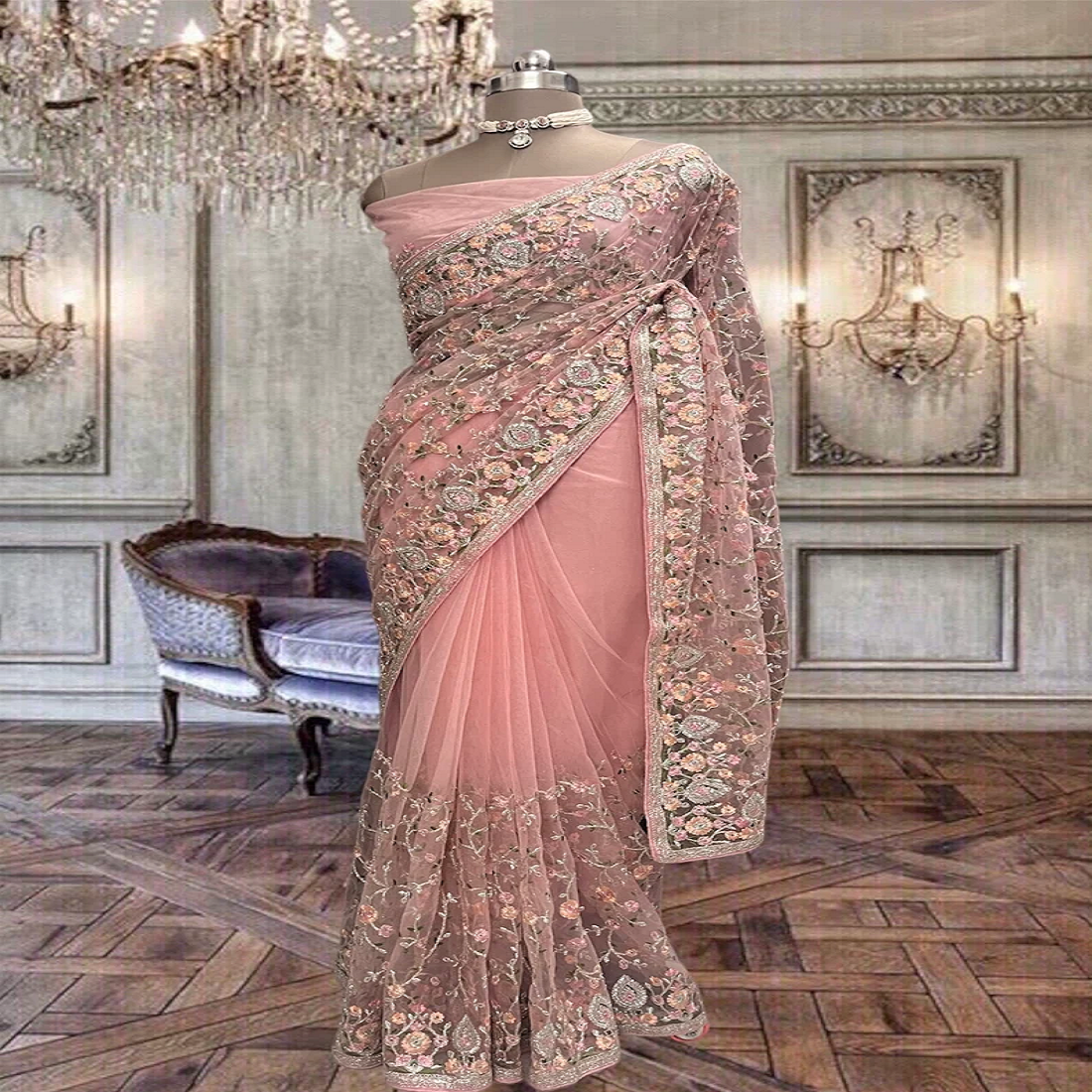 Beautiful net saree with colourful thread work and running blouse piece