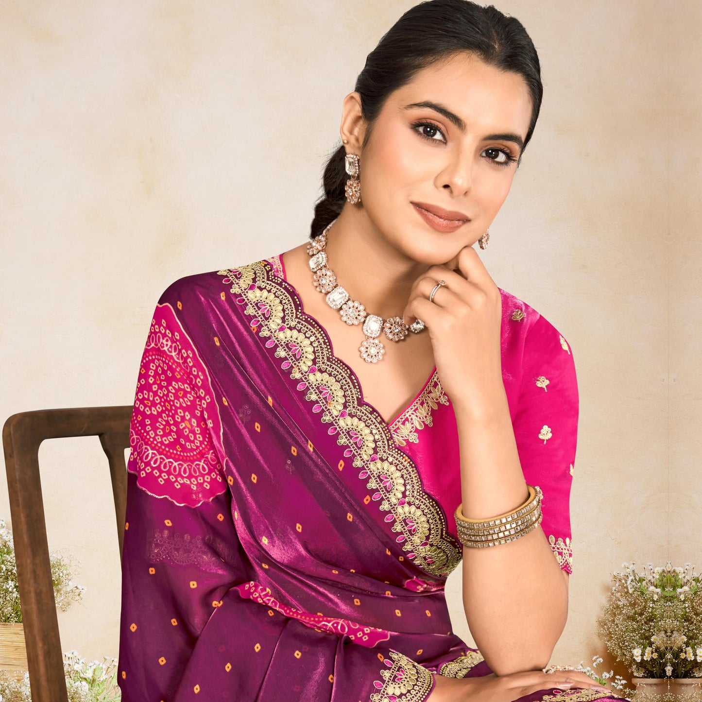 Fashionkiya Wine Printed Chiffon-Satin Bandhani Print Saree With Foil Print And Embroidery Cut Work