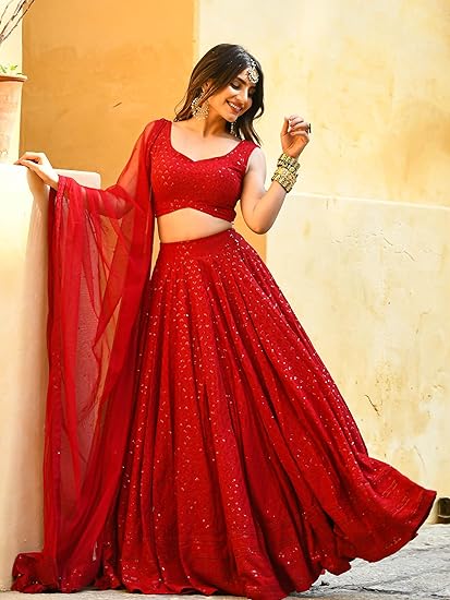 Women's Sequins Thread Embroidered Georgette Semi Stitched Lehenga Choli With Dupatta