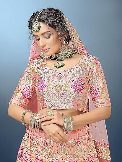 Fashionkiya Women's Silk Semi stitched Lehenga Choli Wedding-Bridal-Latest-Lehenga-Choli_Peach_Free Size)