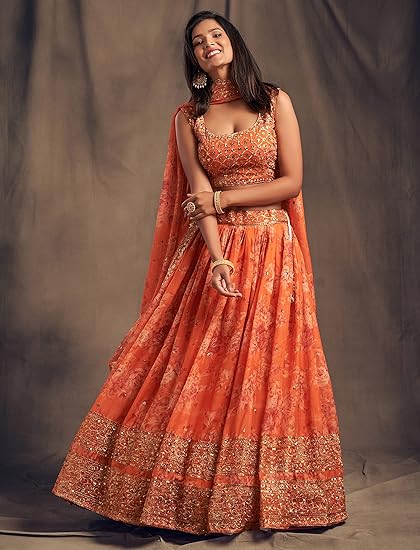 Fashionkiya Women's Organza Floral White Semi-Stitched Lehenga Choli-Wedding-Floral-Lehenga-Latest, White)