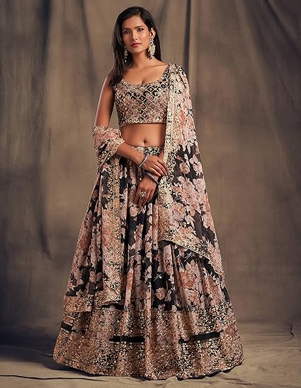 Fashionkiya Women's Organza Floral White Semi-Stitched Lehenga Choli-Wedding-Floral-Lehenga-Latest, White)