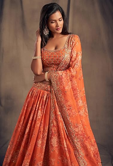 Fashionkiya Women's Organza Floral White Semi-Stitched Lehenga Choli-Wedding-Floral-Lehenga-Latest, White)