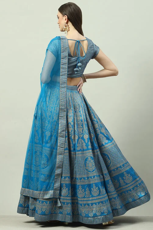 Fashionkiya Turquoise Art Silk Straight Kurta Lehenga Suit Set