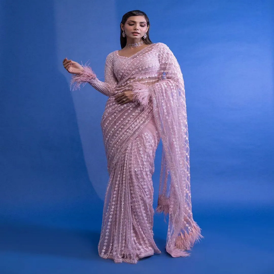 Fashionkiya Beautiful Pink embrodred work Saree