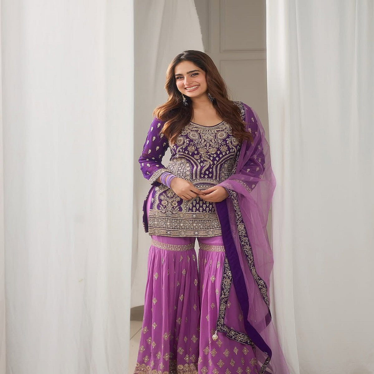 FESTIVAL SPECIAL SHARARA SUIT WITH DUPATTA & PLAZZO 🥻THREE PIECE EMBROIDERED SUIT ON GEORGETTE FABRIC WITH HEAVY WORK