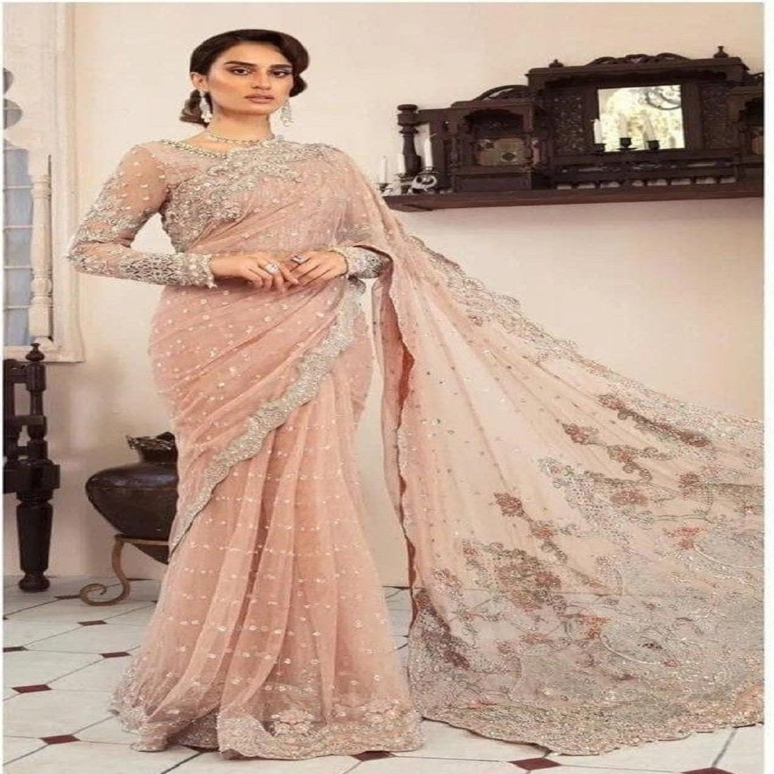 Custom Made Indian Designer Saree, Maria B Saree, Formal Wear, Embroidered Saree, Ready to Wear, Wedding Collection.