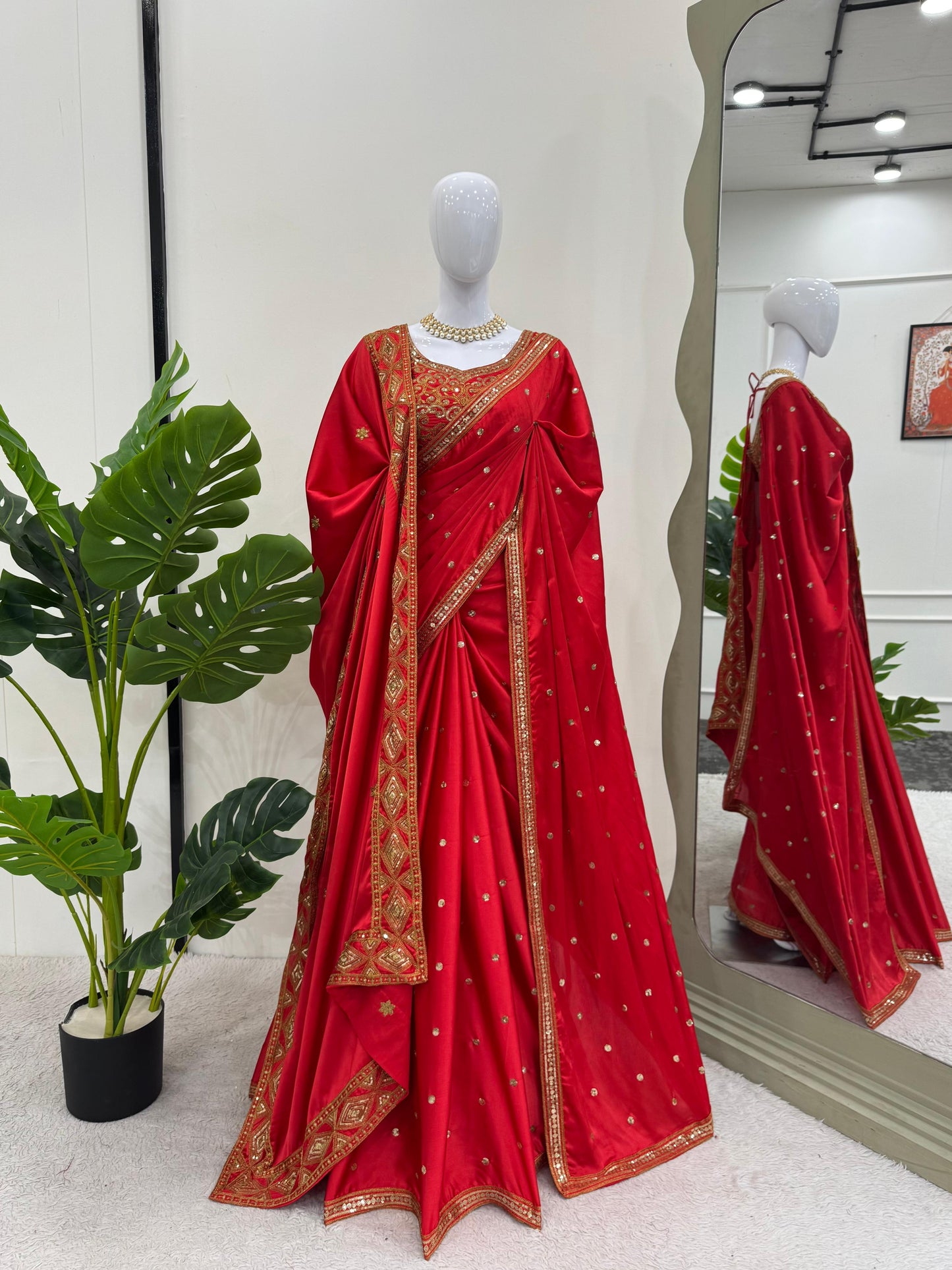 fashionkiya Japan Satin Silk Thred with Sequnce work sari