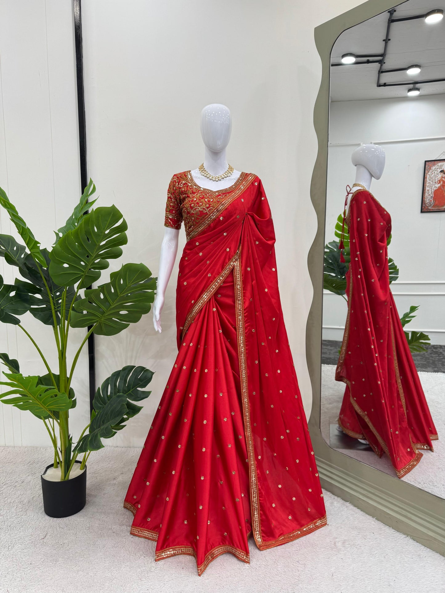 fashionkiya Japan Satin Silk Thred with Sequnce work sari