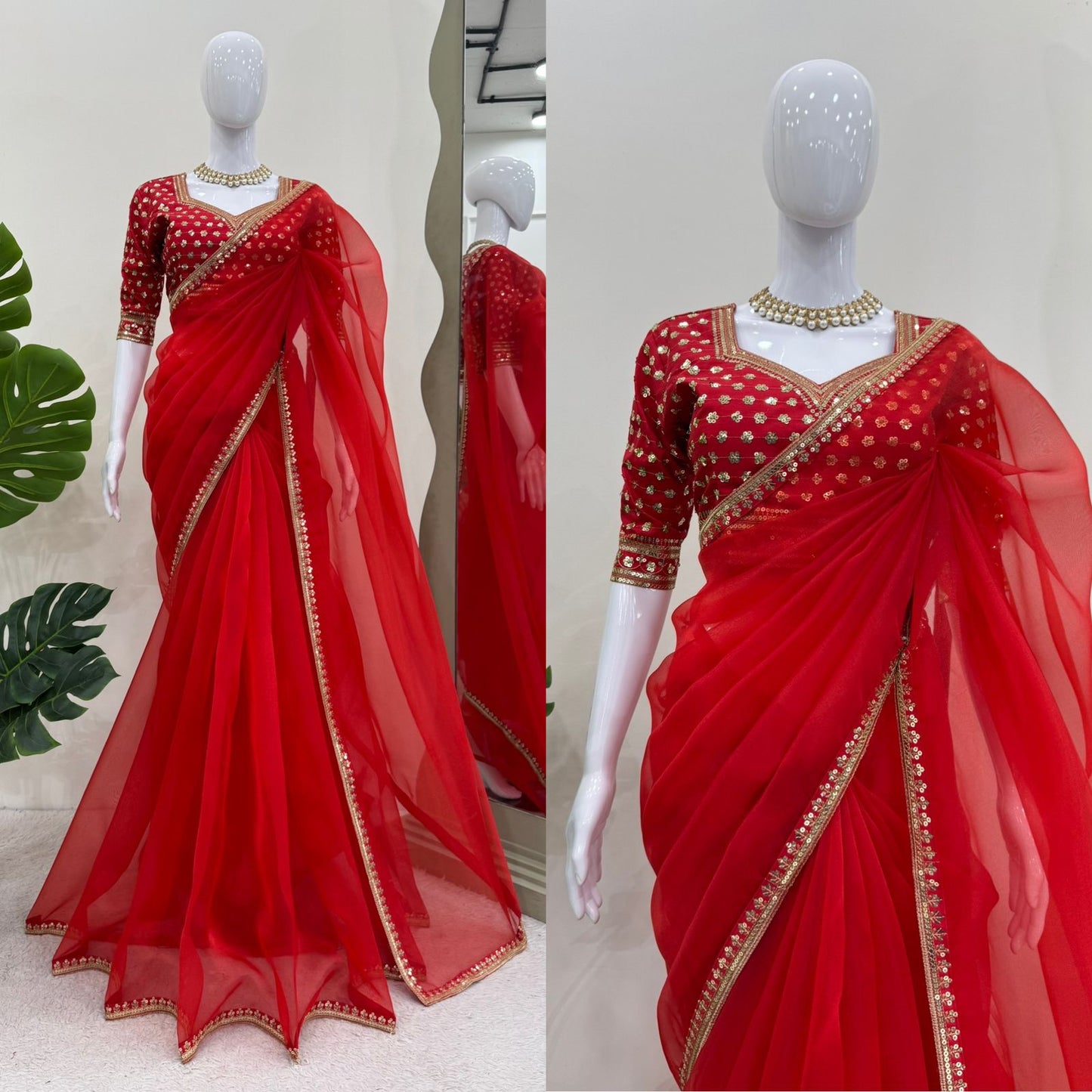 beautiful Designer Saree on Havy Organza Silk Febric with Thred & Sequnce work and Blouse on Mono Benglori Silk With Thred & Sequnce work.