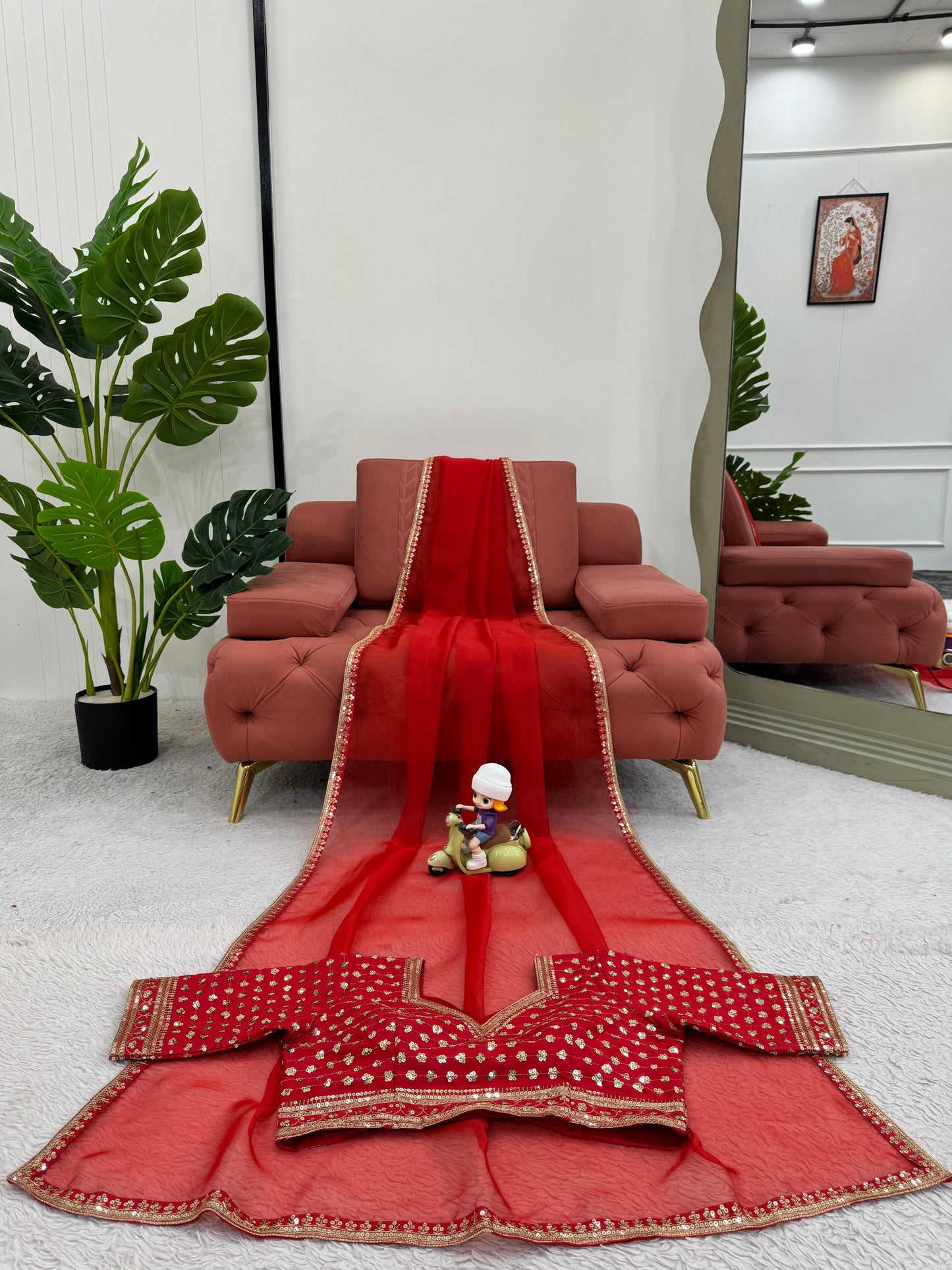 beautiful Designer Saree on Havy Organza Silk Febric with Thred & Sequnce work and Blouse on Mono Benglori Silk With Thred & Sequnce work.