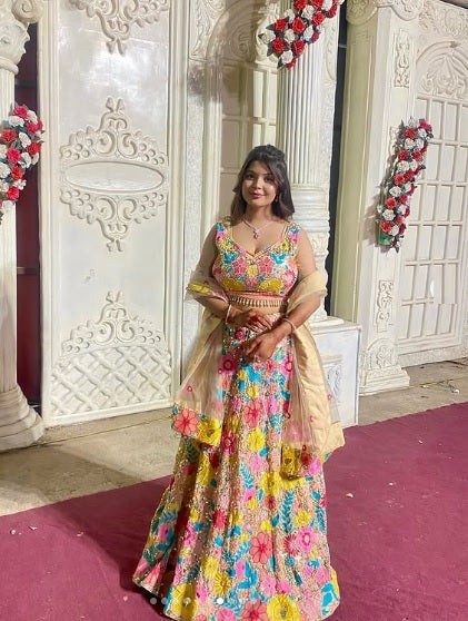 Wedding Wear Heavy Multi Color Georgette Thread Work Lehenga Choli