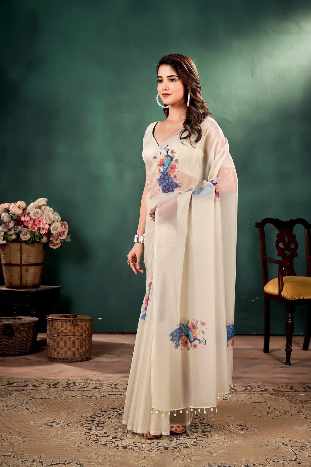 Fashionkiya Ivory color Pure silk Organza saree with Peacock Print