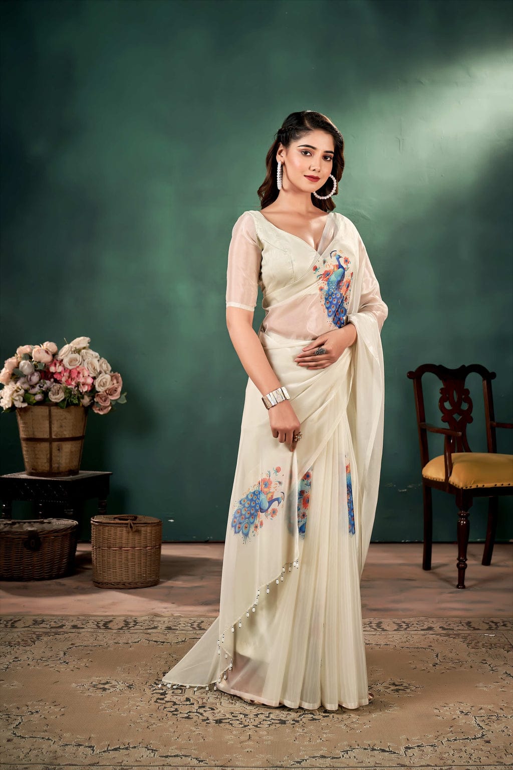 Fashionkiya Ivory color Pure silk Organza saree with Peacock Print