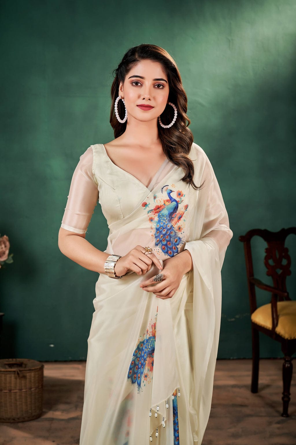Fashionkiya Ivory color Pure silk Organza saree with Peacock Print