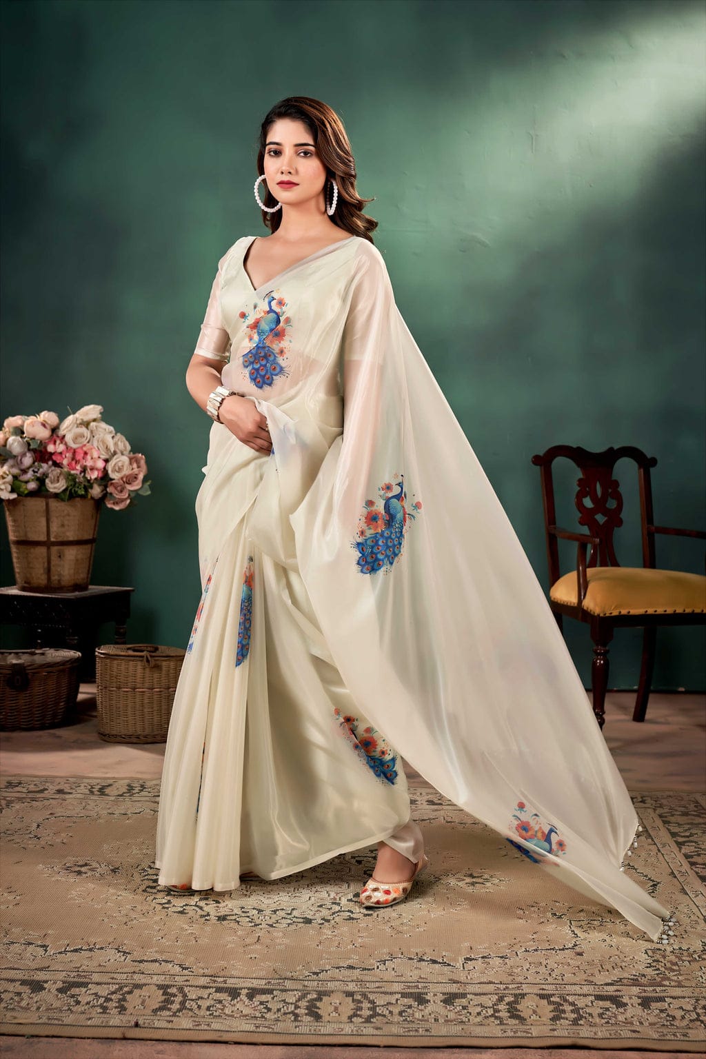 Fashionkiya Ivory color Pure silk Organza saree with Peacock Print