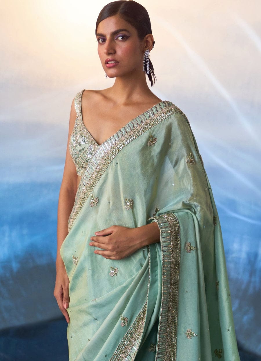 Fashionkiy Green Tissue Sequins, Crystals, Beads Embroidered Saree Set