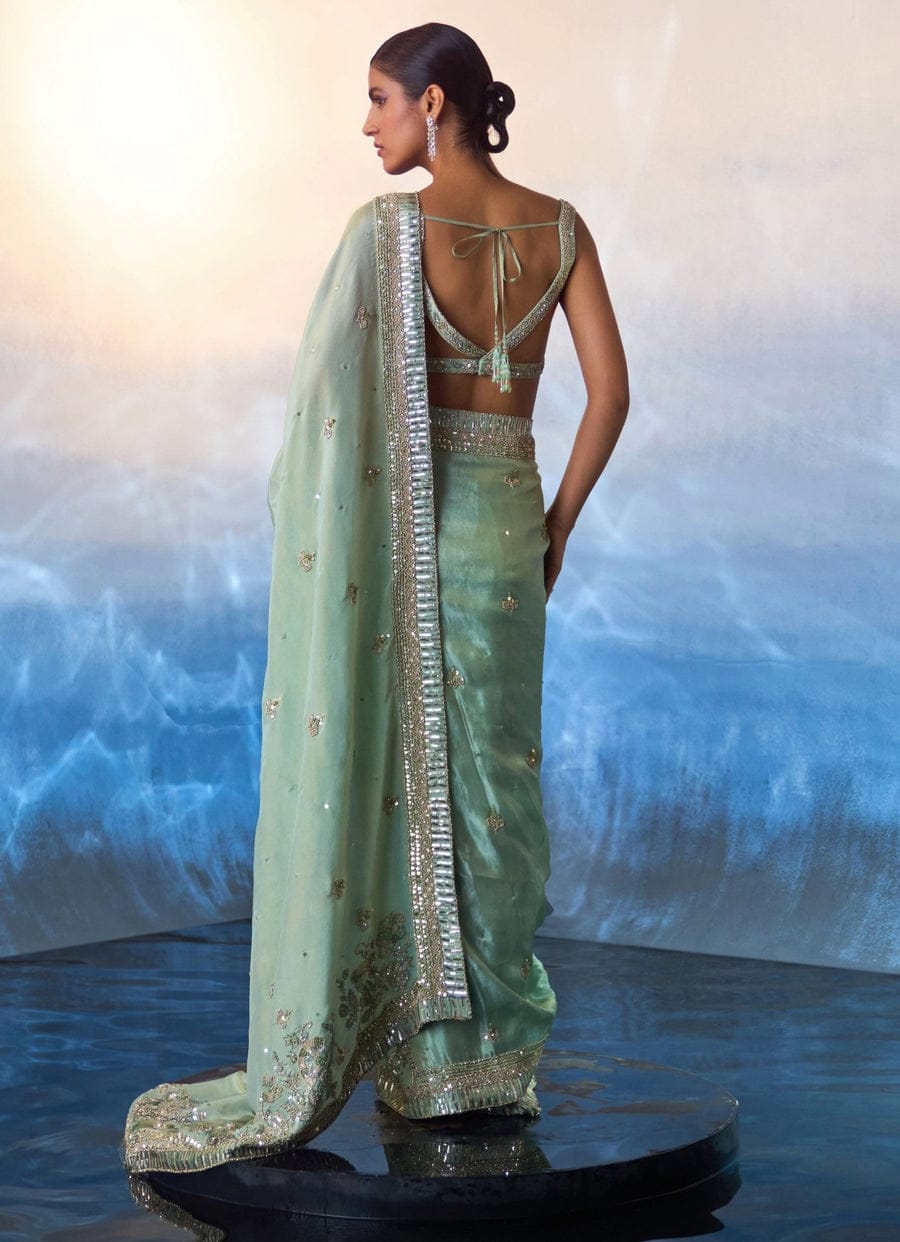 Fashionkiy Green Tissue Sequins, Crystals, Beads Embroidered Saree Set