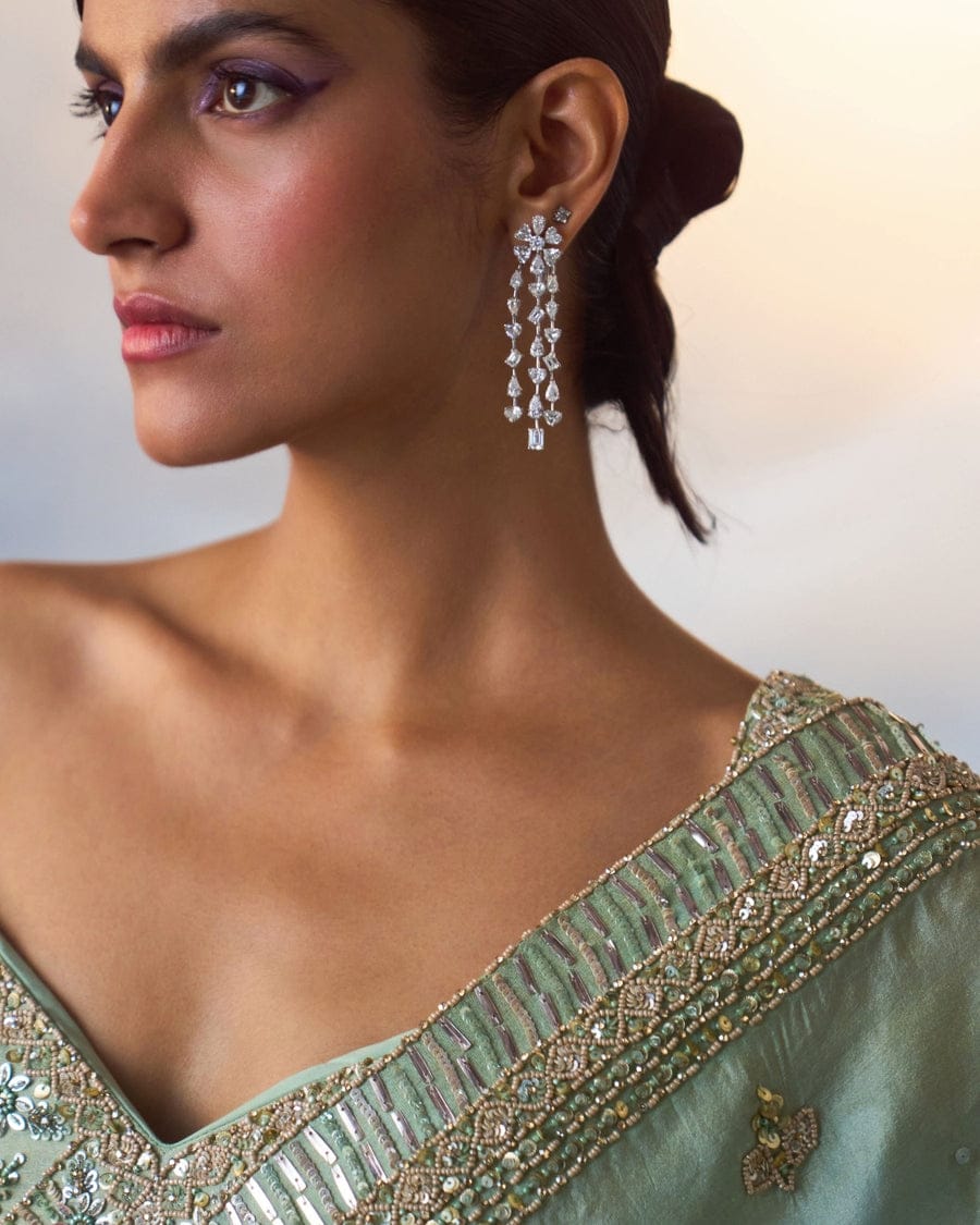 Fashionkiy Green Tissue Sequins, Crystals, Beads Embroidered Saree Set