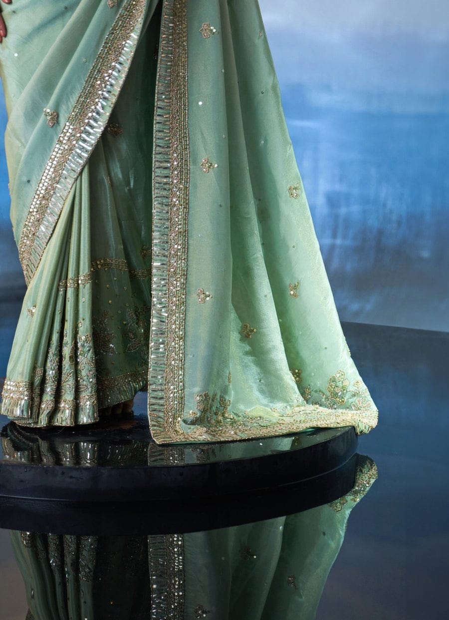 Fashionkiy Green Tissue Sequins, Crystals, Beads Embroidered Saree Set