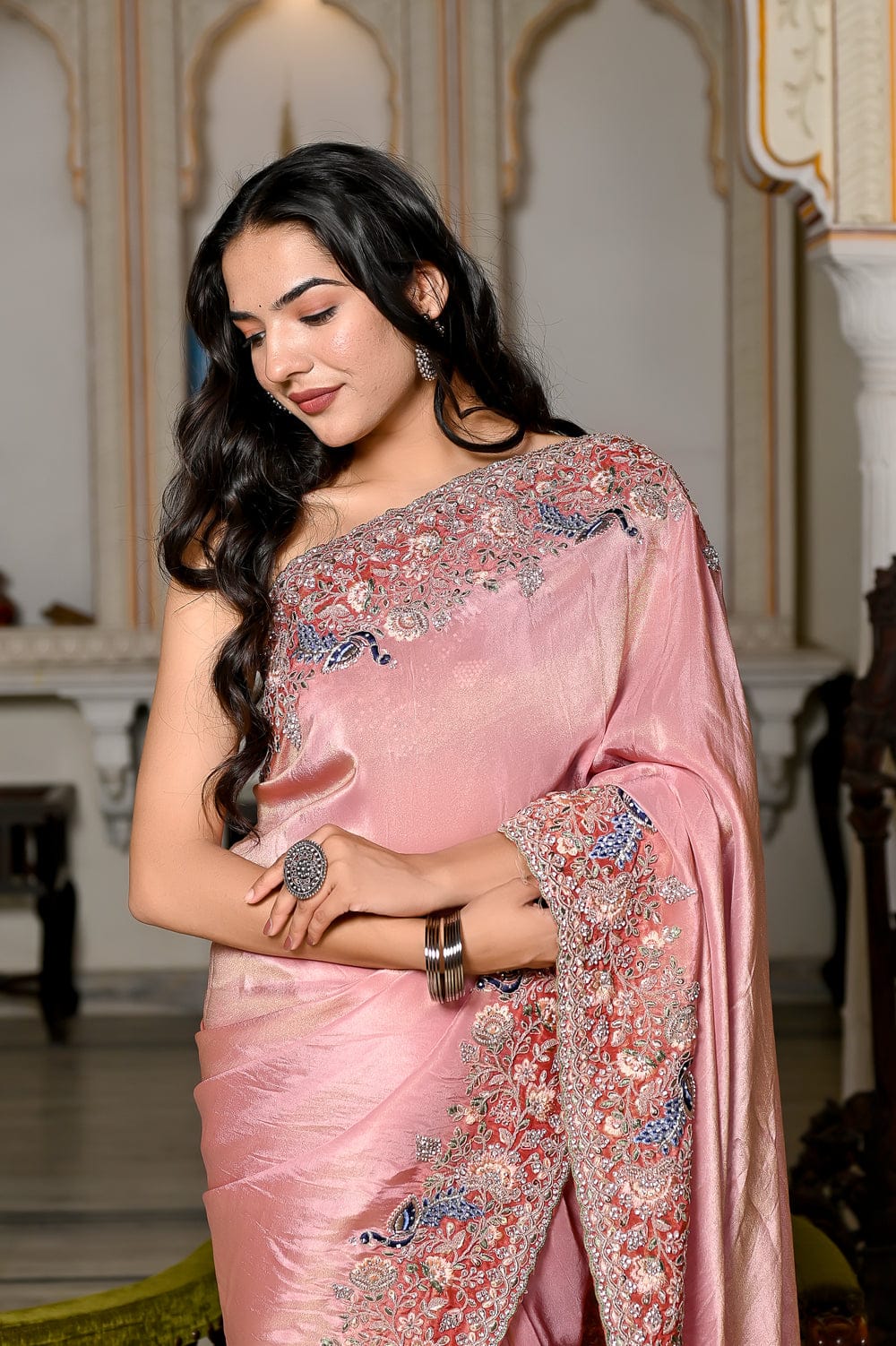 FASHIONKIYA Pink Silk Saree EMBRODRD WORK