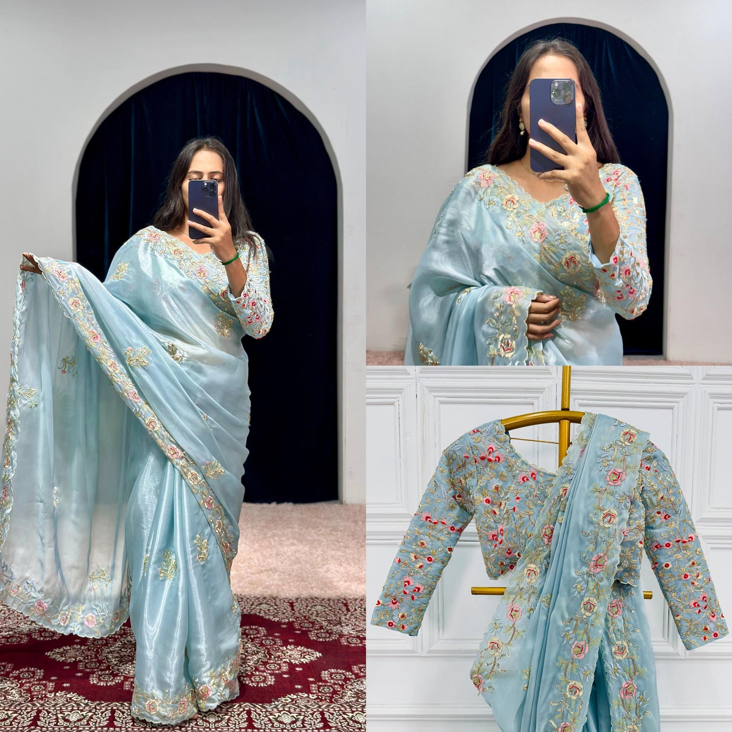 NEW SUPERHIT JIMMY CHOO FABRIC EMBROIDERED WORK SAREE WITH SEQUINS AND COTTON THREAD WORK, HEAVY DESIGNER BLOUSE🥻