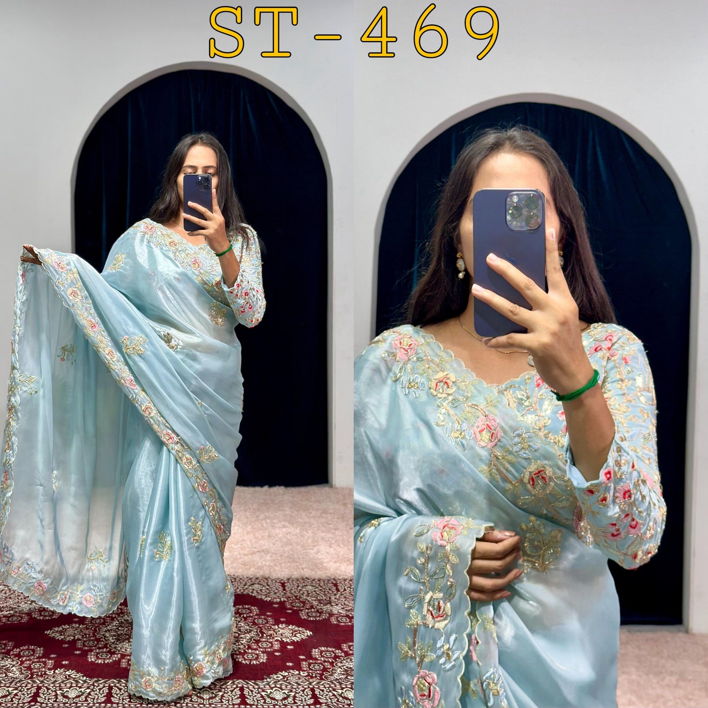 NEW SUPERHIT JIMMY CHOO FABRIC EMBROIDERED WORK SAREE WITH SEQUINS AND COTTON THREAD WORK, HEAVY DESIGNER BLOUSE🥻
