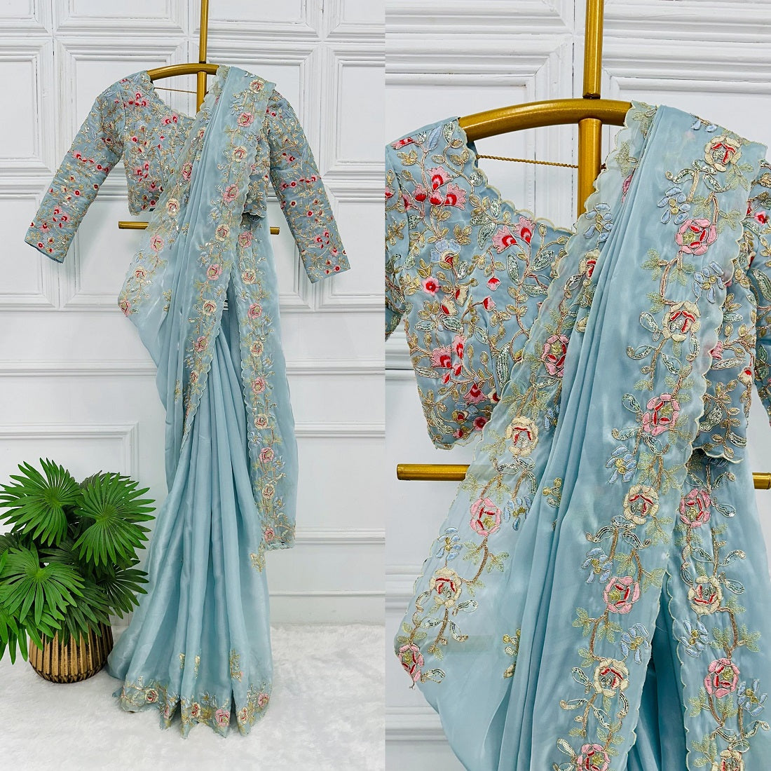 NEW SUPERHIT JIMMY CHOO FABRIC EMBROIDERED WORK SAREE WITH SEQUINS AND COTTON THREAD WORK, HEAVY DESIGNER BLOUSE🥻