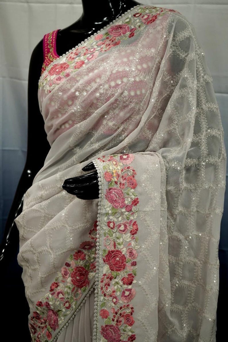 soft georgette saree with beautiful Chikankari work allover with sequence