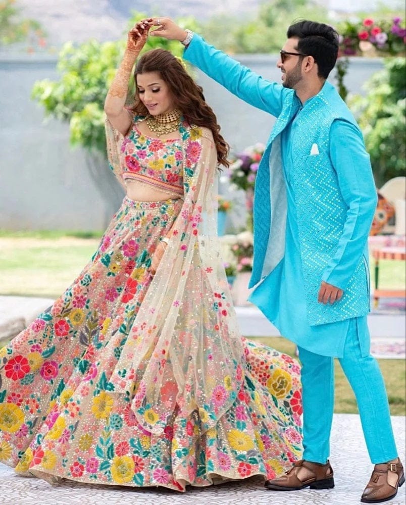 Fashionkiya Colorful Floral Thread Embroidered Work Georgette Semi Stiched Lehenga Choli