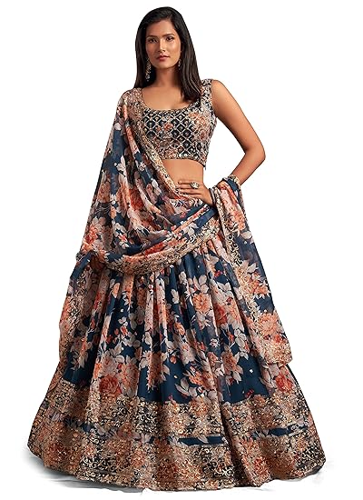 Fashionkiya Women's Organza Floral White Semi-Stitched Lehenga Choli-Wedding-Floral-Lehenga-Latest, White)