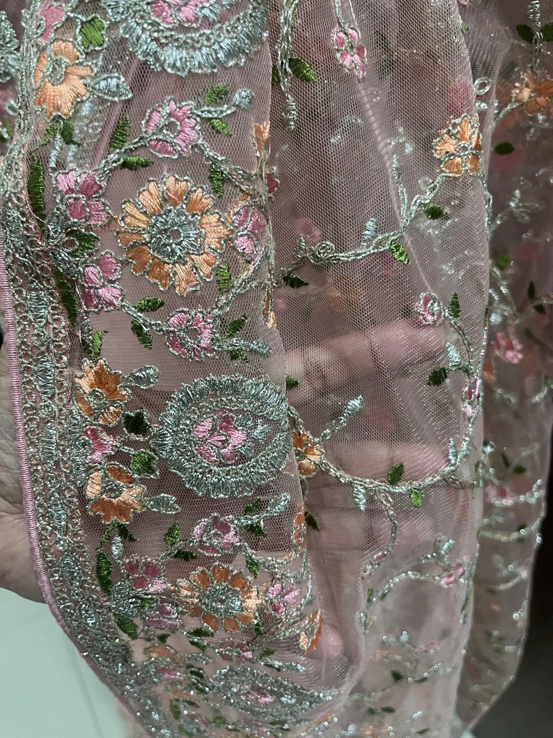 Beautiful net saree with colourful thread work and running blouse piece