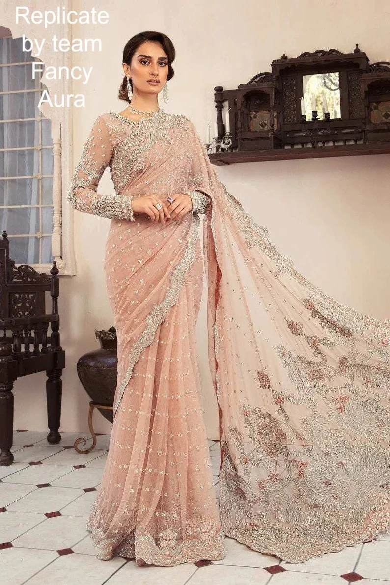 Custom Made Indian Designer Saree, Maria B Saree, Formal Wear, Embroidered Saree, Ready to Wear, Wedding Collection.