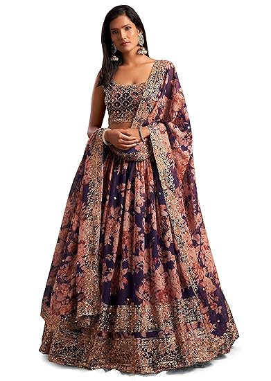 Fashionkiya Women's Organza Floral White Semi-Stitched Lehenga Choli-Wedding-Floral-Lehenga-Latest, White)
