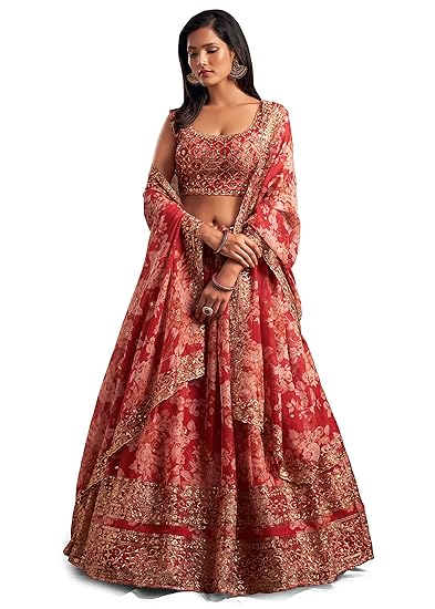 Fashionkiya Women's Organza Floral White Semi-Stitched Lehenga Choli-Wedding-Floral-Lehenga-Latest, White)