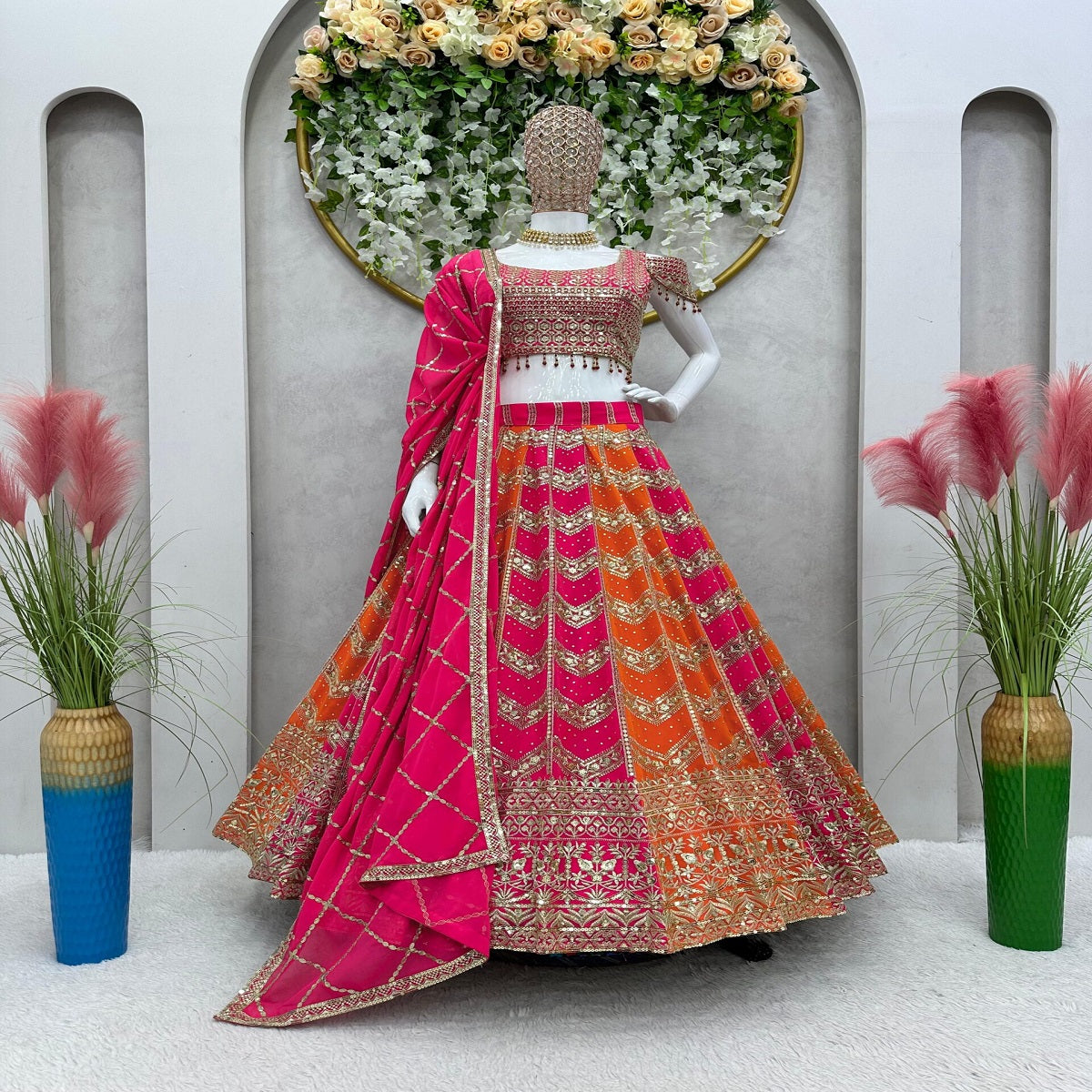 Fashionkiya Pink And Orange Faux Georgette Designer Wedding Wear Lehenga Set For Women's Or Girls