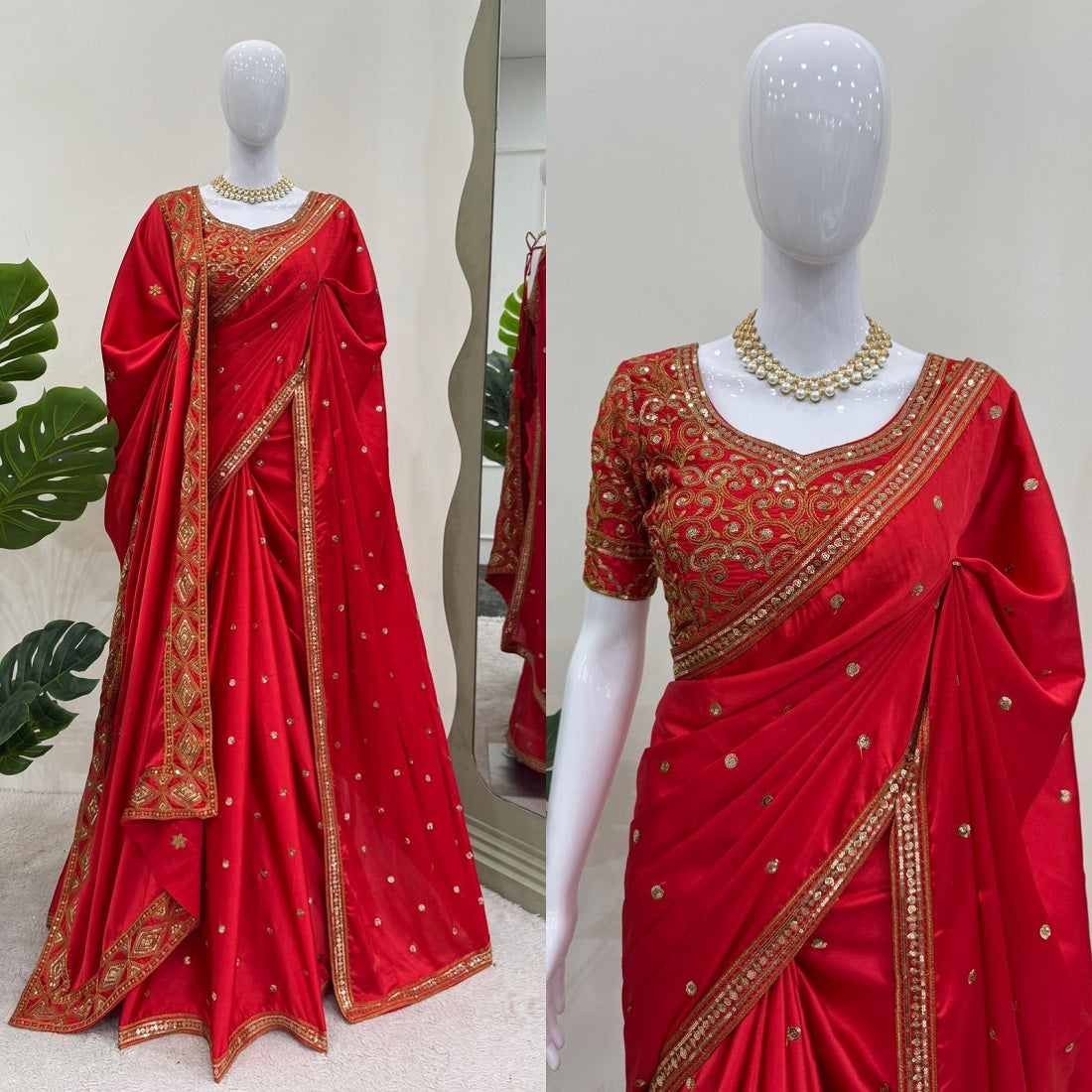 fashionkiya Japan Satin Silk Thred with Sequnce work sari