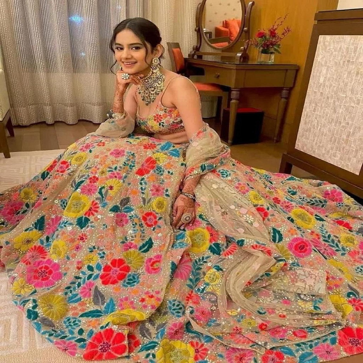 Fashionkiya Colorful Floral Thread Embroidered Work Georgette Semi Stiched Lehenga Choli
