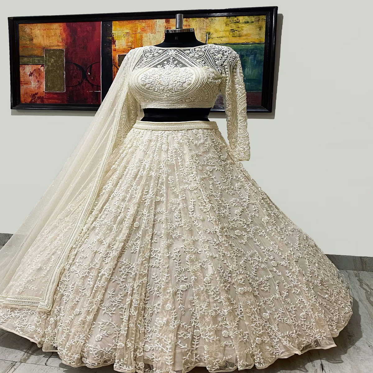 Fashionkiya Net Lining Chroma Pearl, Cutdana And Embroidered Bridal Lehenga Set