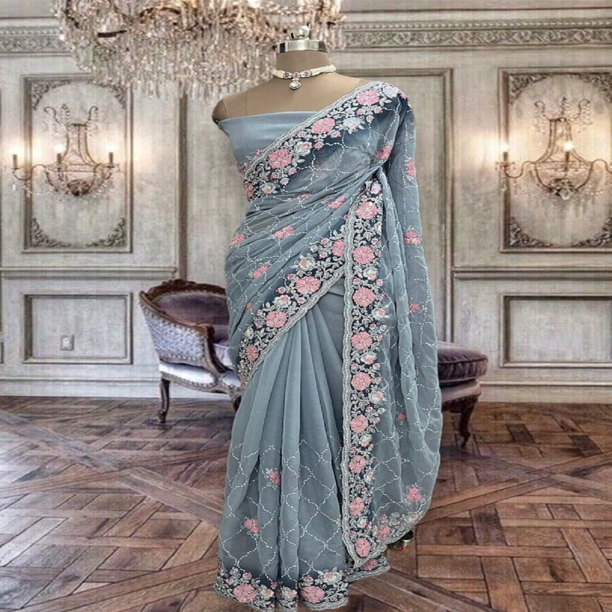 BeautiFashionkiya ful light grey shimmer georgette saree with thread and sequins work and running blouse piece