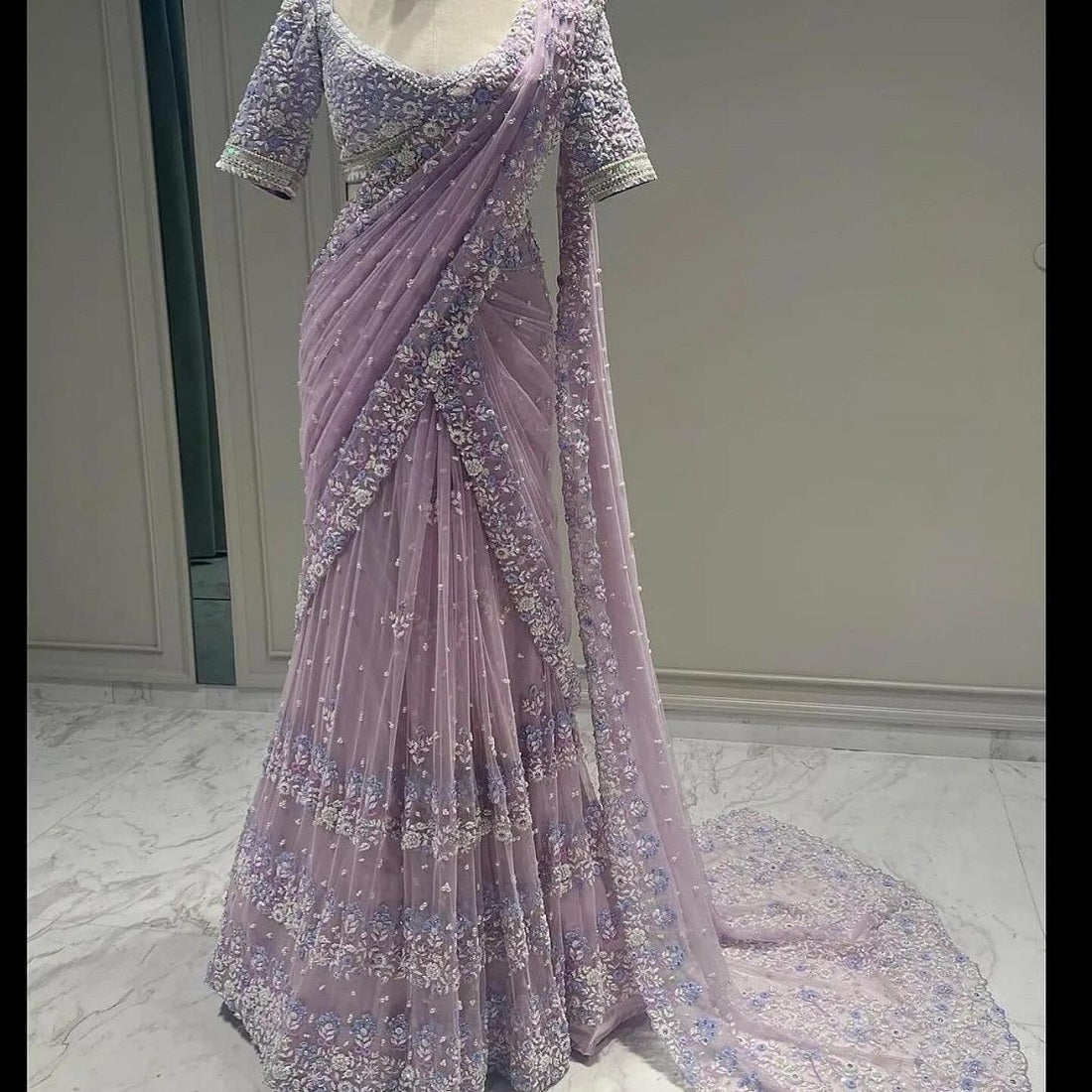 Fashionkiya Soft Net Saree with Blouse in Thread Sequence and Pearl Work Indian Outfit For Women