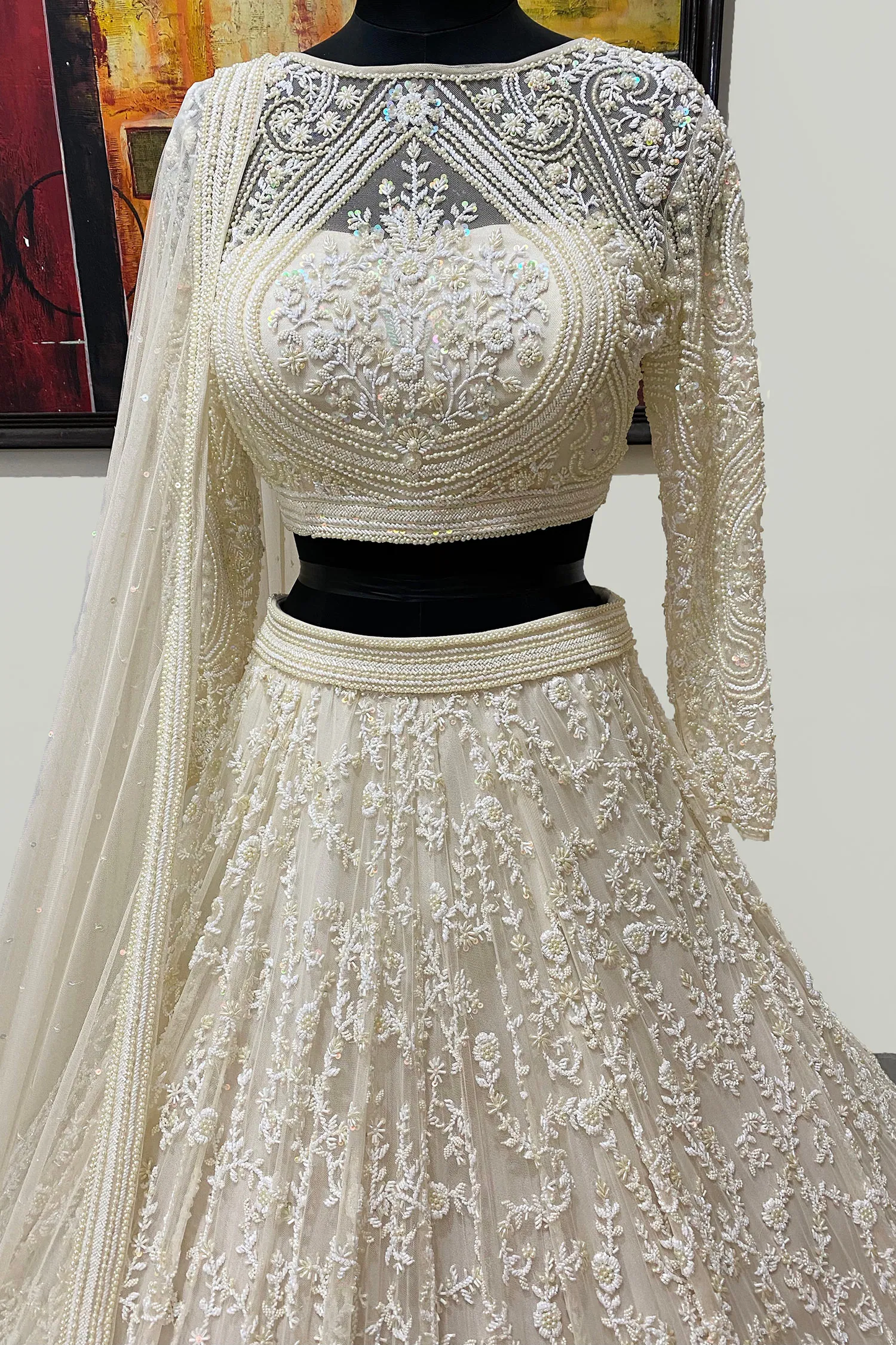 Fashionkiya Net Lining Chroma Pearl, Cutdana And Embroidered Bridal Lehenga Set