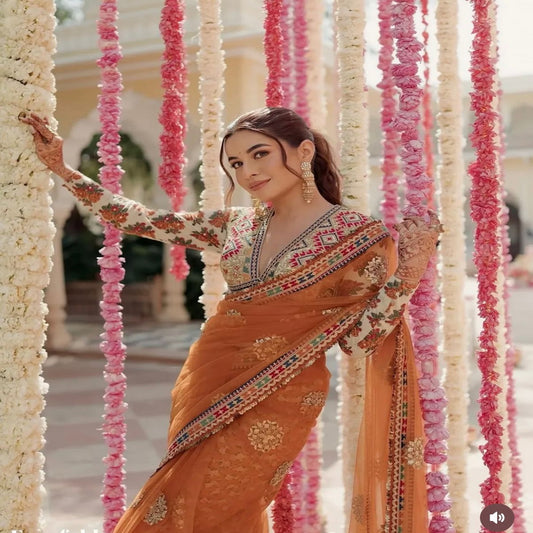 Fashionkiya NEW SUPERHIT DESIGN ON NET FABRIC WITH HEAVY EMBROIDERY & FANCY LACE WORK SAREE WITH STITCH BLOUSE