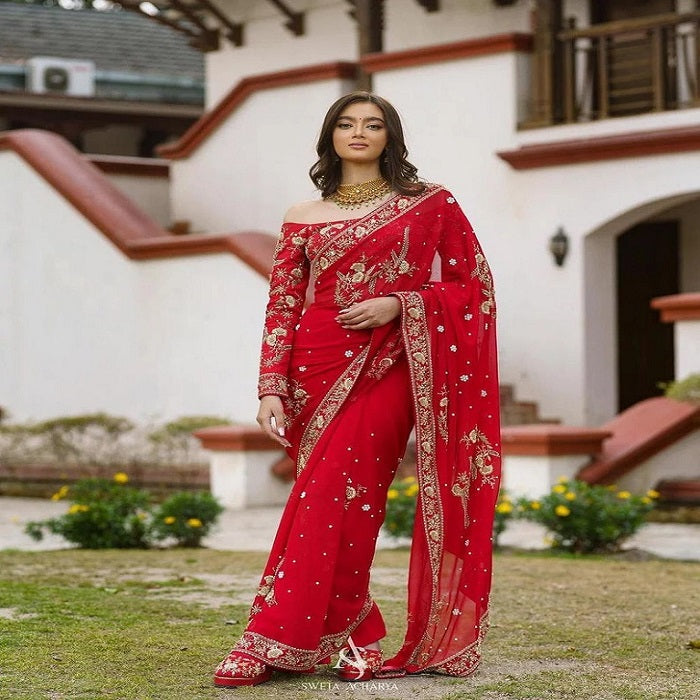 Fashionkiya Fency Embrodred Red Color Saree